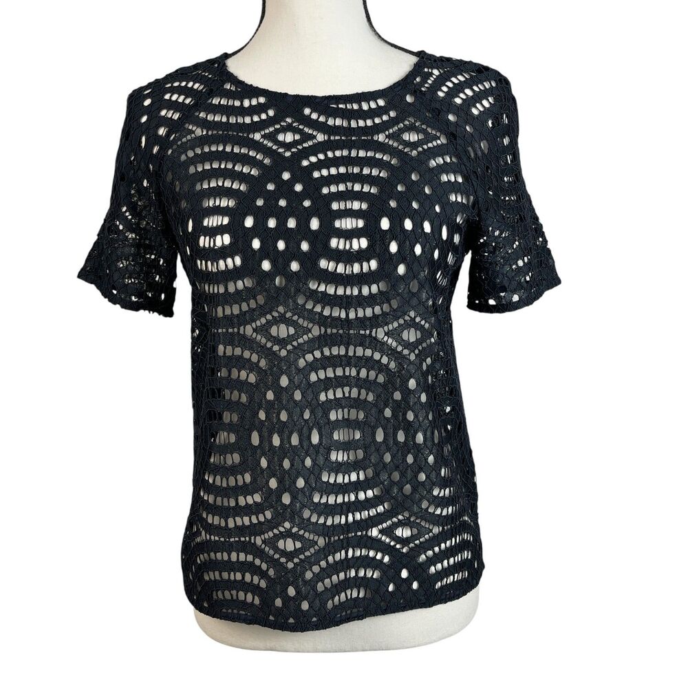 Ann Taylor Petite Women's Blouse SP Black Geometric Lace Short Sleeve Top NWT